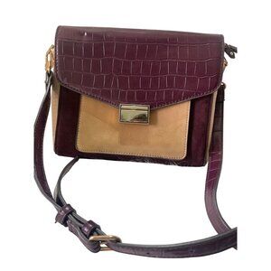 Parfois Womens Faux Croc Leather Crossbody Bag Burgundy & Tan Colorblock With Ad